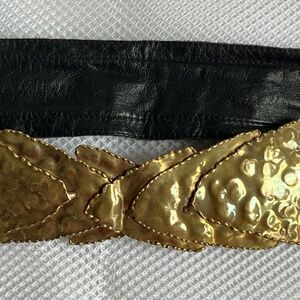 Hammered Metal Leaf Tree Buckle on Leather Belt Statement Brass Adjustable Waist